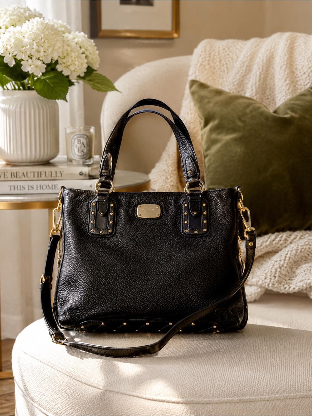 Michael Kors Black Pebbled Leather Slouchy Tote Gold Studded Shoulder Bag